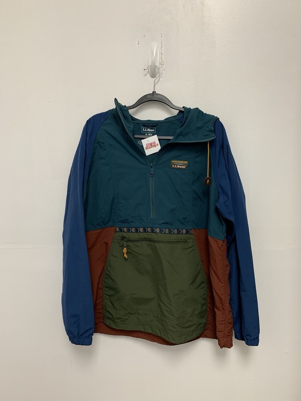 LL BEAN Anorak Men's XL Colorblock Nylon Packable Windbreaker Hiking Aztec
